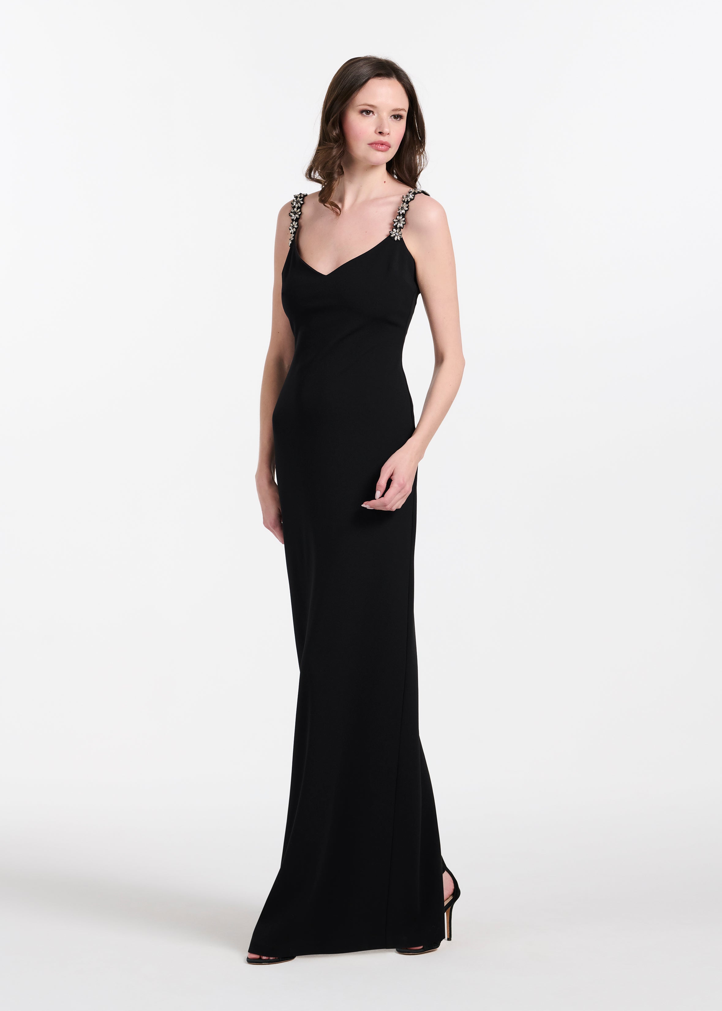 STRETCH CREPE SLIP DRESS WITH CRYSTAL FLOWER STRAPS