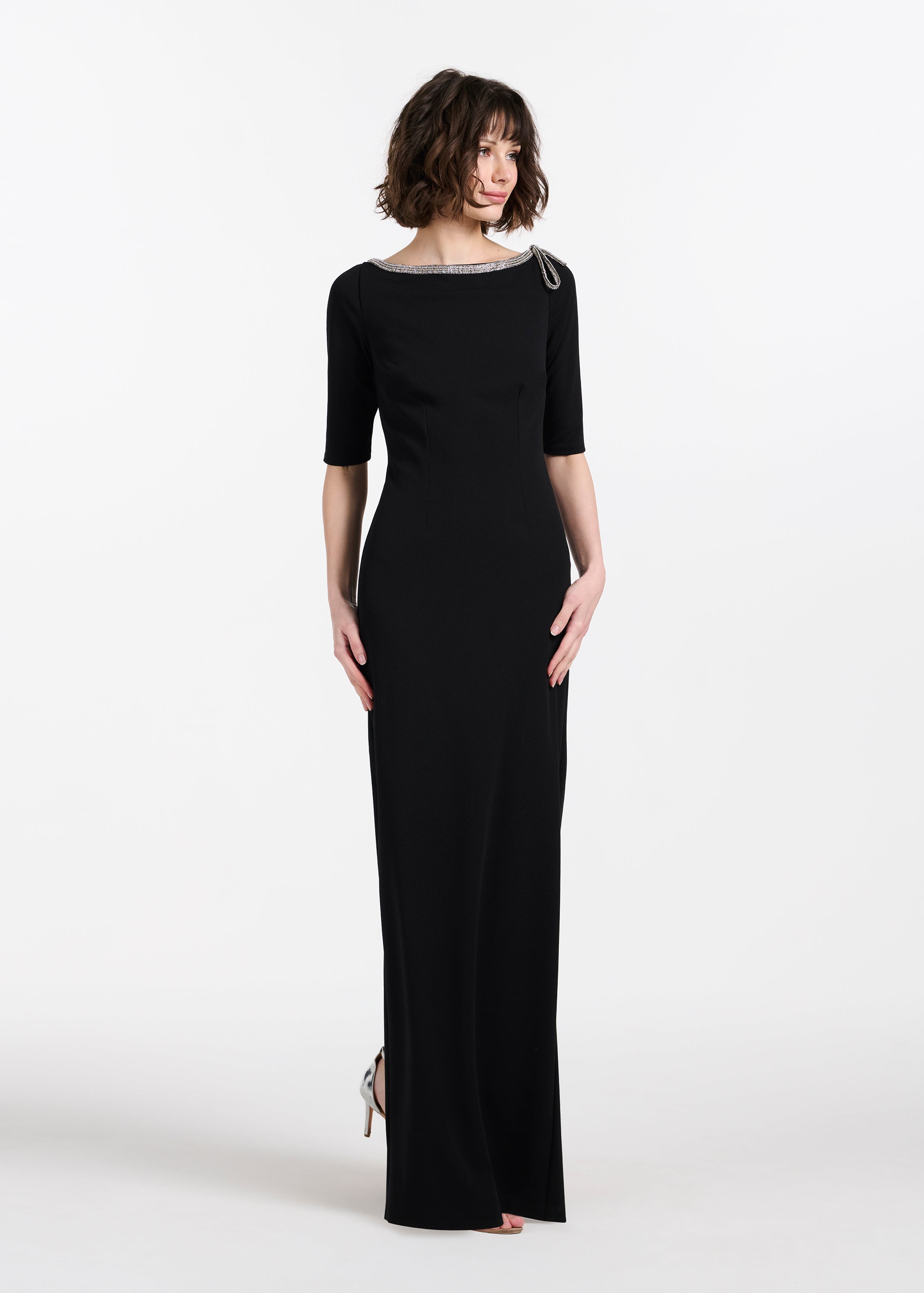 STRETCH CREPE JEWLED NECK COLUMN GOWN WITH CRYSTAL BOW RED