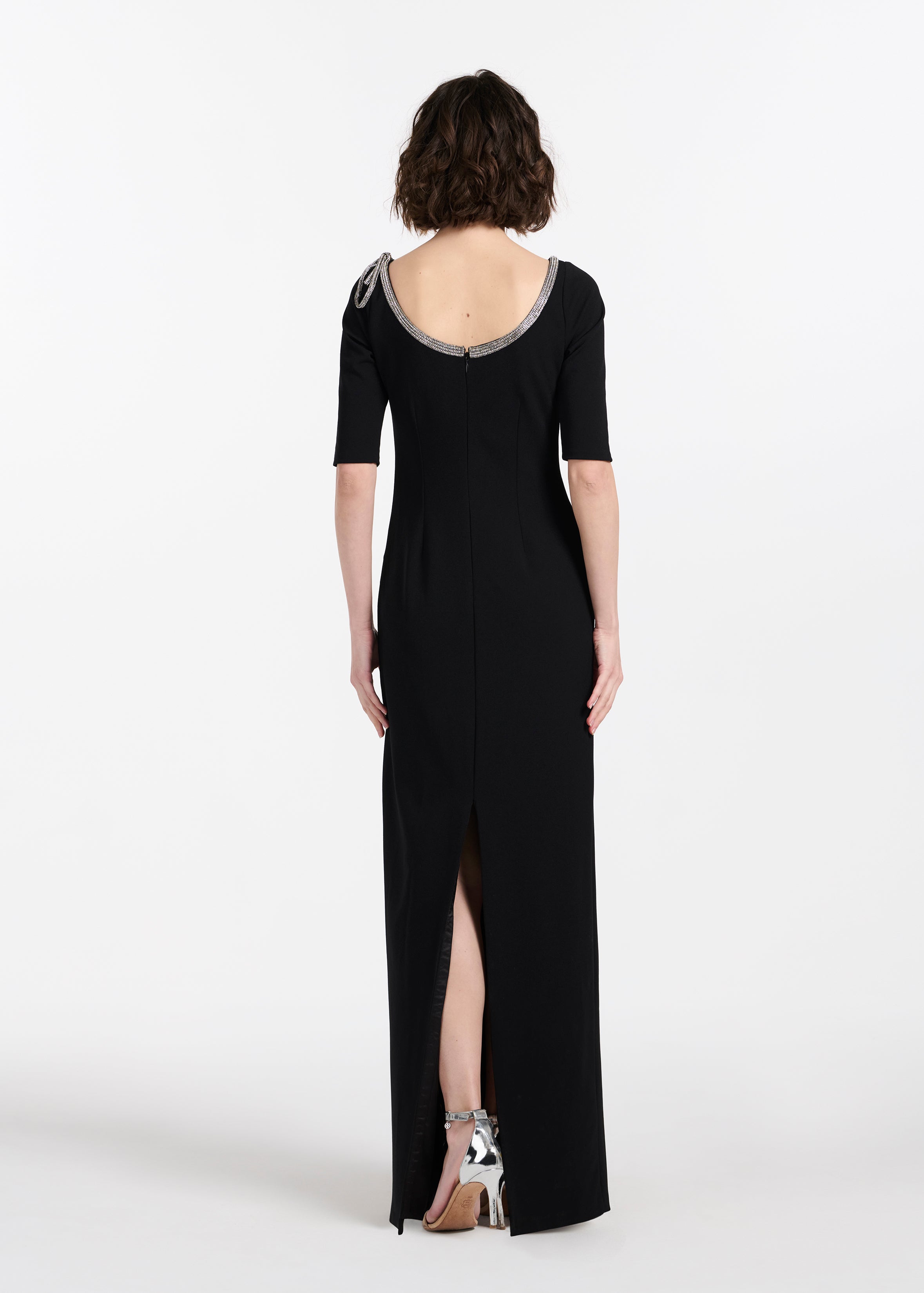 STRETCH CREPE JEWLED NECK COLUMN GOWN WITH CRYSTAL BOW RED