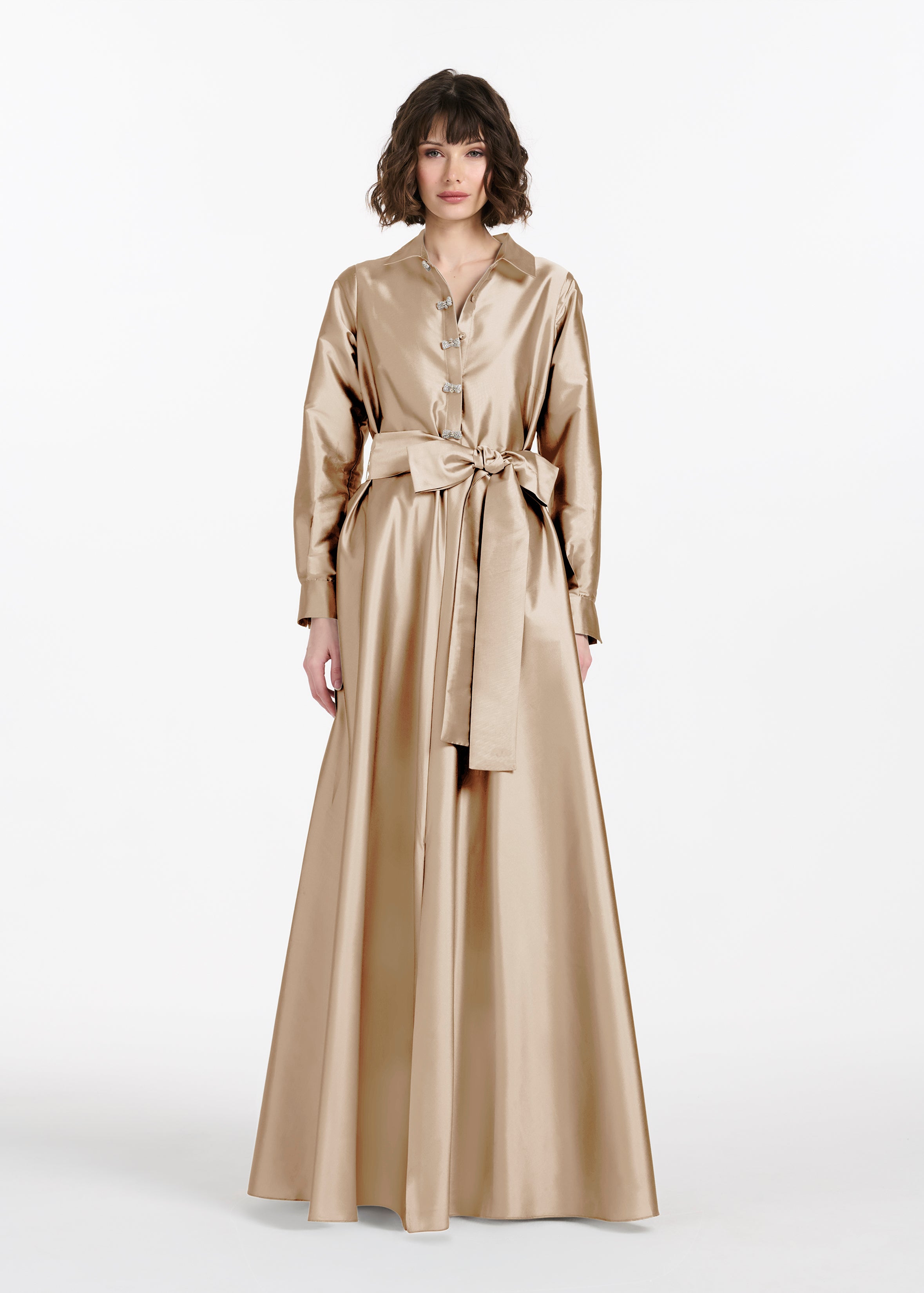 TAFFETA ALINE GOWN WITH CRYSTAL BUTTONS SILVER