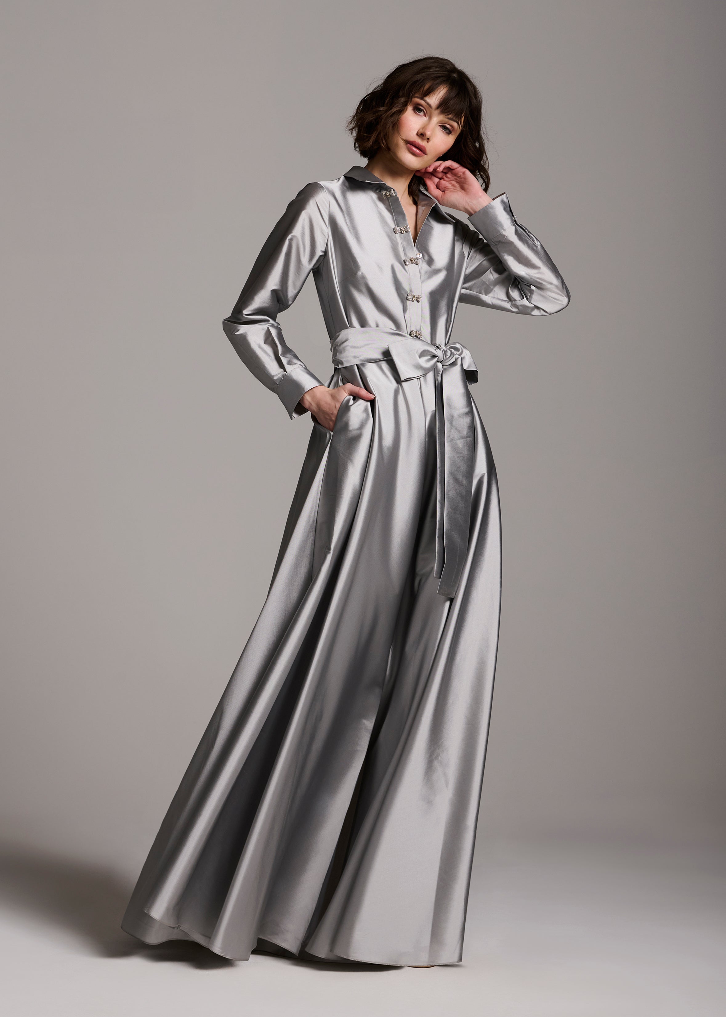 TAFFETA ALINE GOWN WITH CRYSTAL BUTTONS SILVER