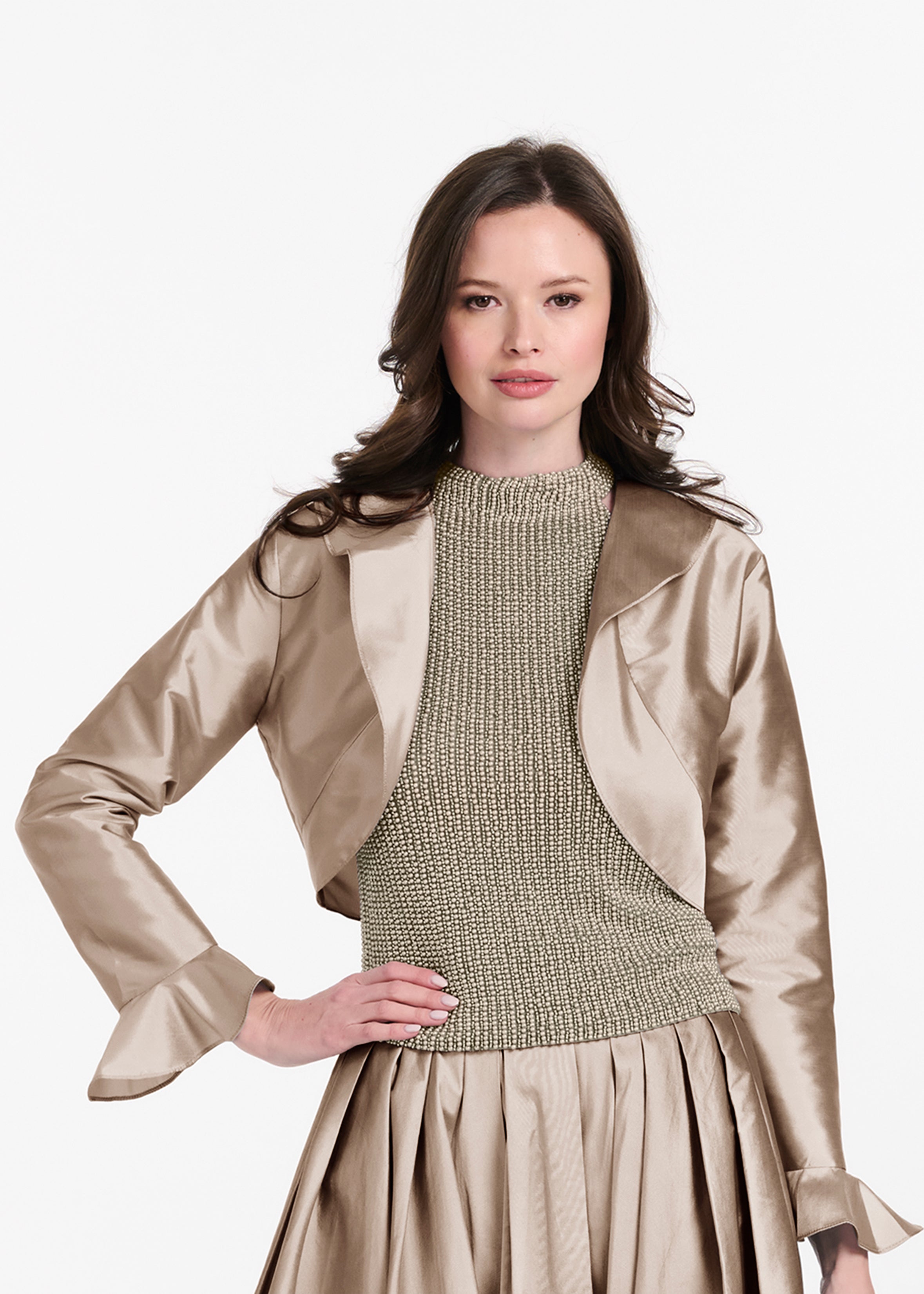 TAFFETA RUFFLE BOLERO SUNTAN