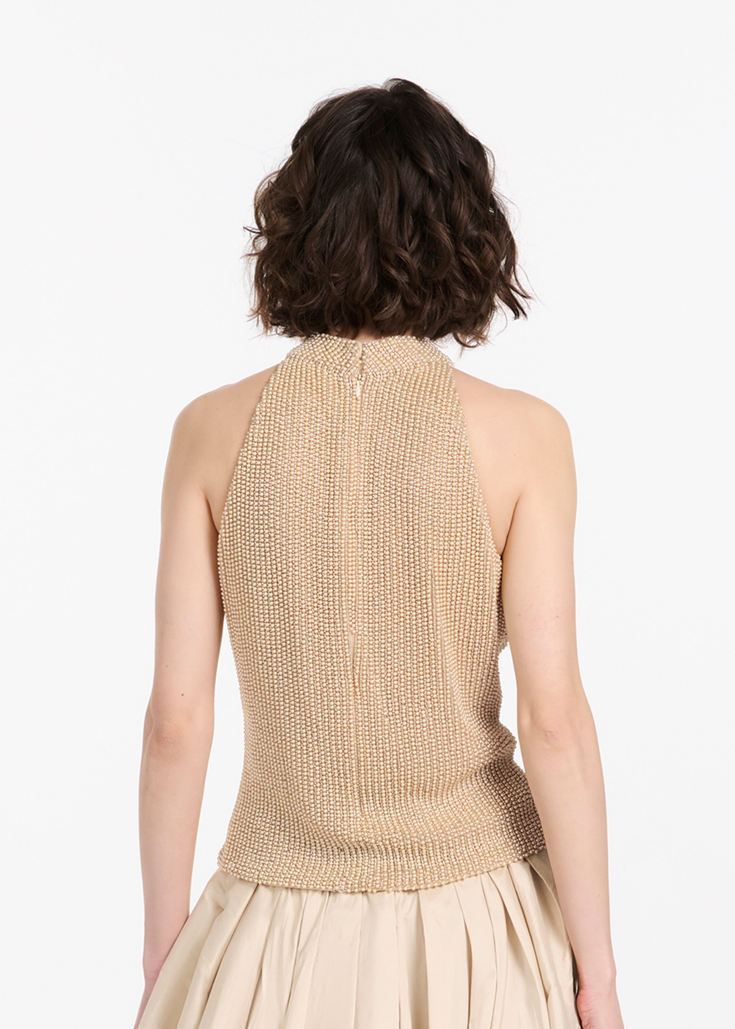 CHAMPAGNE PEARL ENCRUSTED SLEEVELESS MOCK NECK