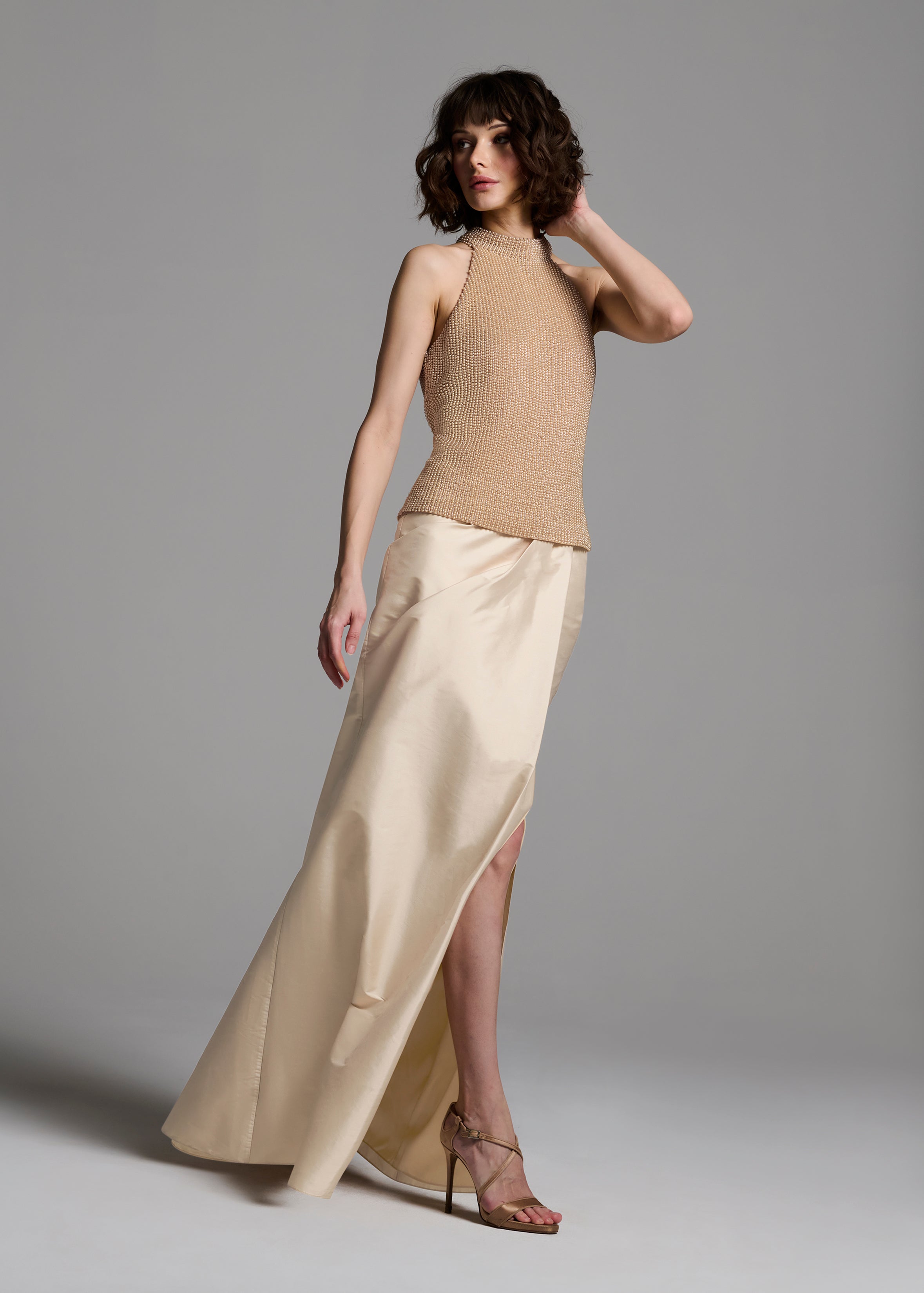 CHAMPAGNE PEARL ENCRUSTED SLEEVELESS MOCK NECK