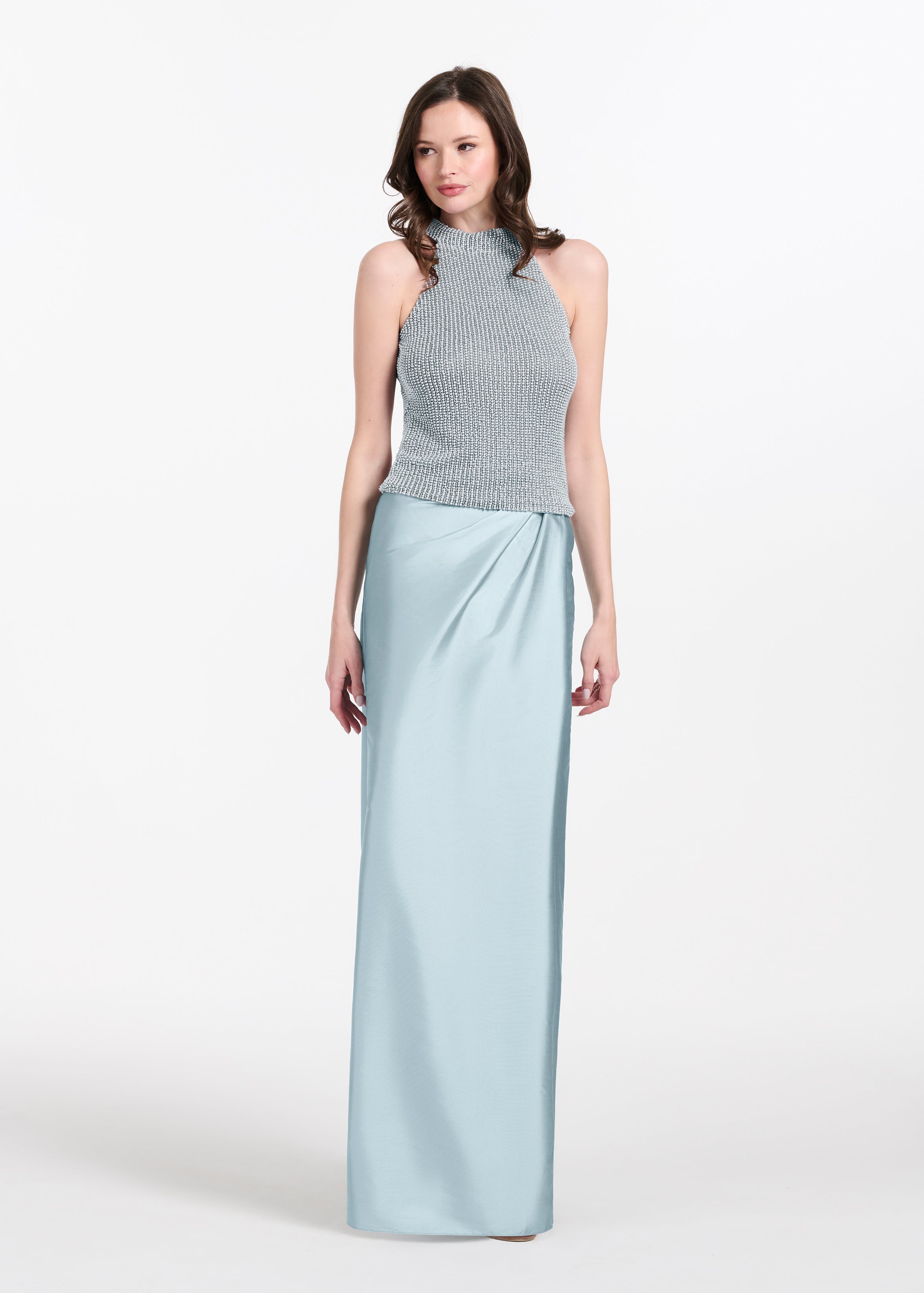 CHAMPAGNE PEARL ENCRUSTED SLEEVELESS MOCK NECK