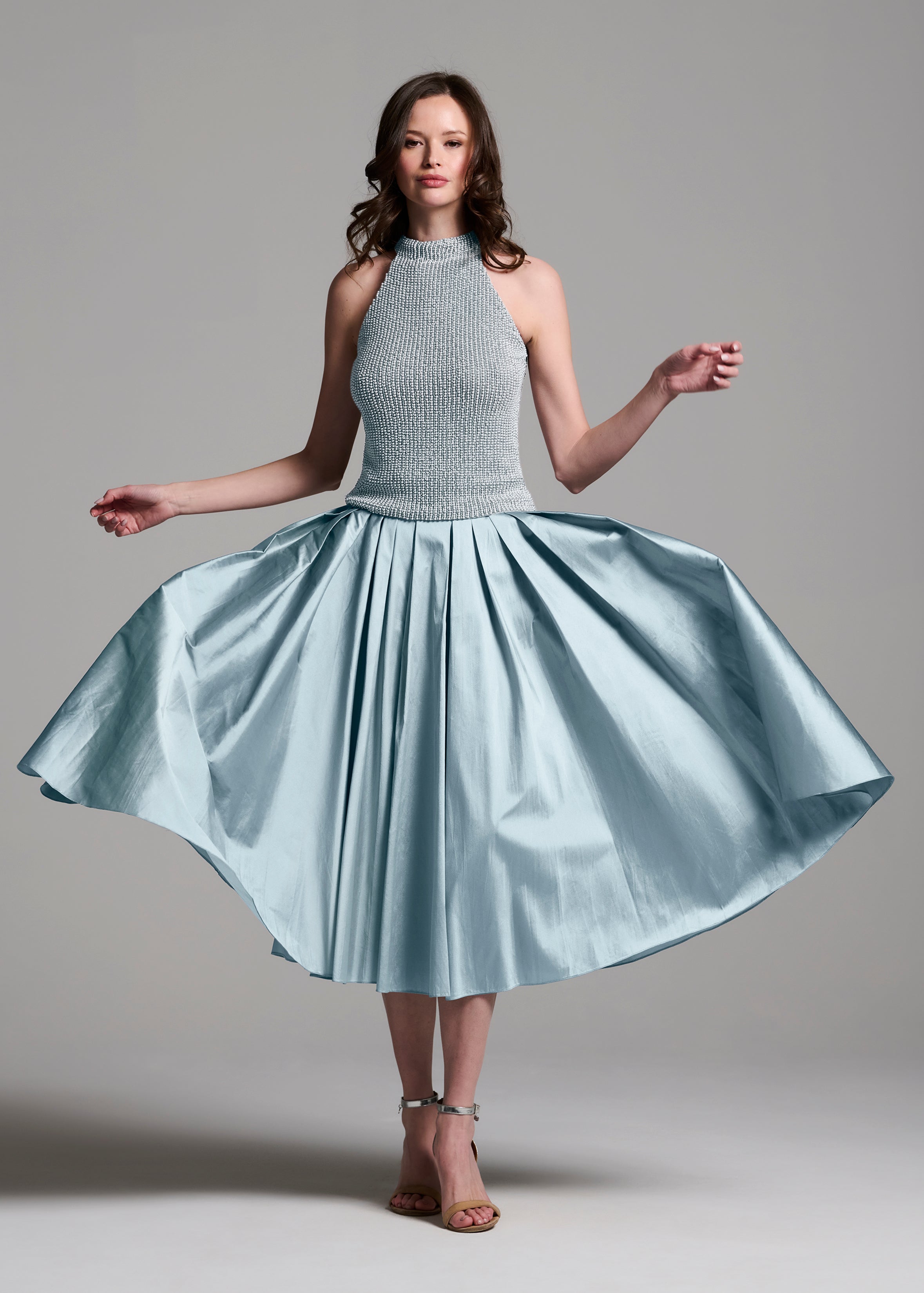 TEA LENGTH PLEATED SOFT TAFFETA MIDI SKIRT LIGHT BLUE