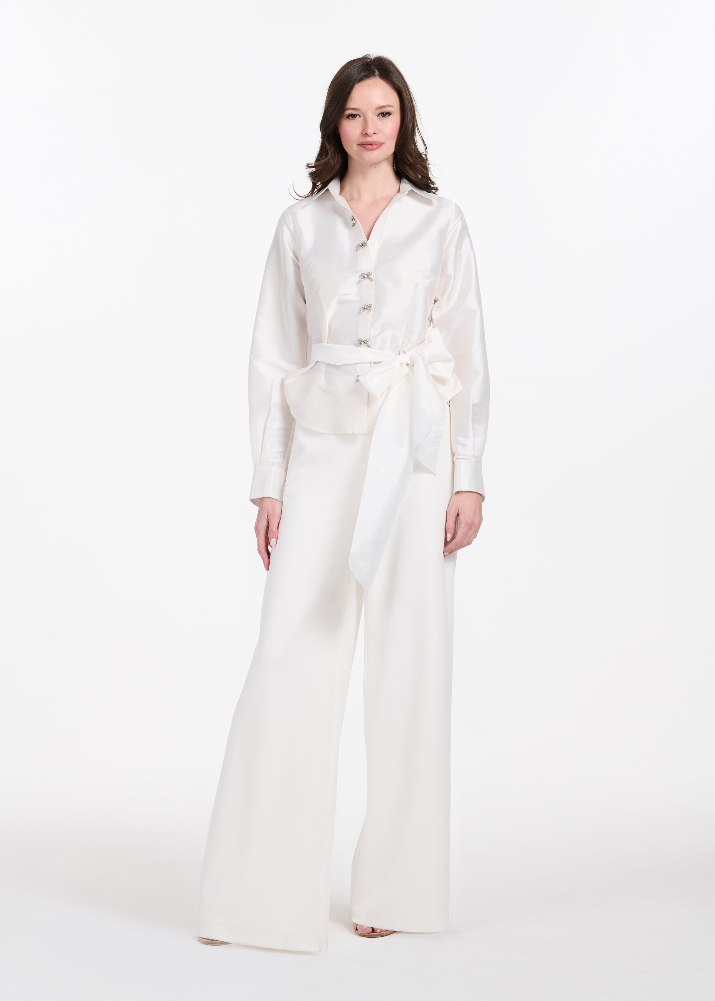TAFFETA BLOUSE WITH CRYSTAL BOW BUTTONS AND SASH IVORY