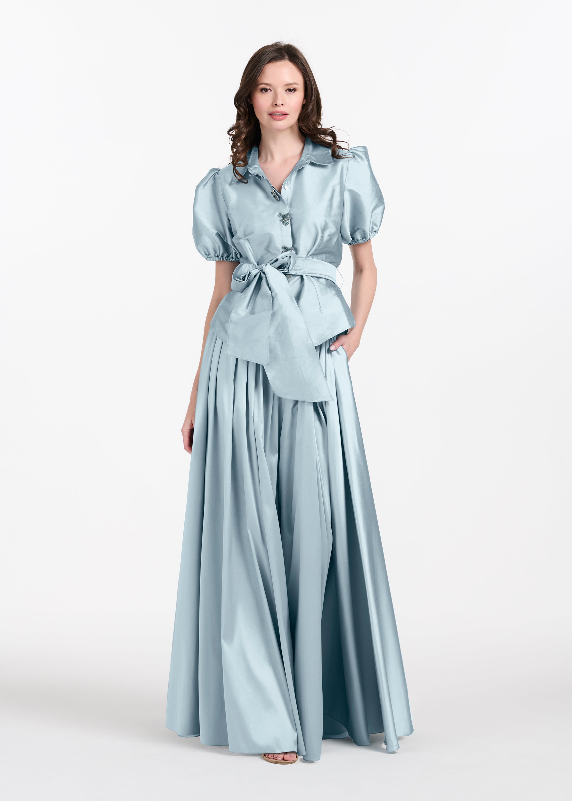 TAFFETA PUFF SLEEVE BLOUSE WITH CRYSTAL LOCKET HEART BUTTONS LIGHT BLUE