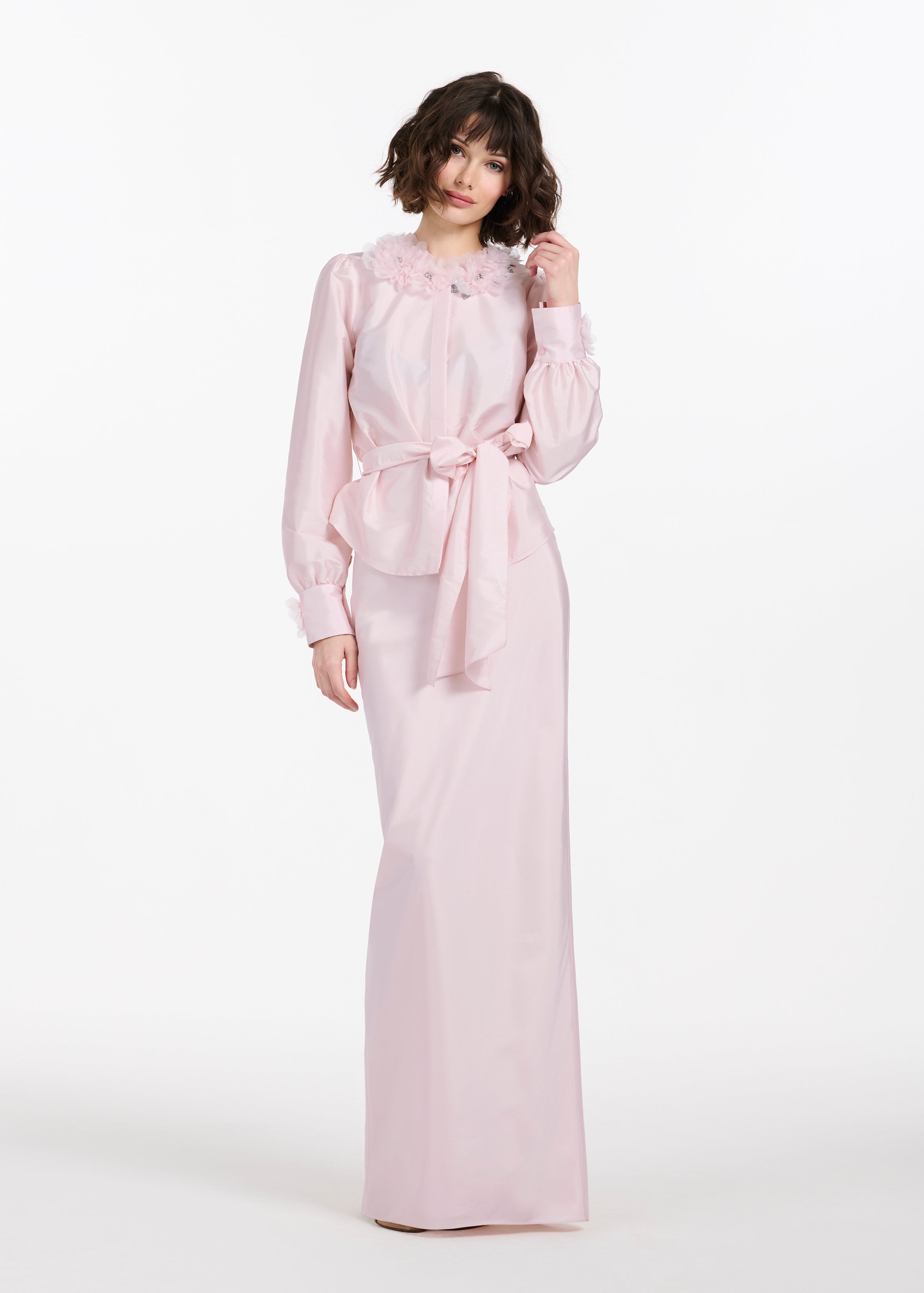 FLORAL COLLAR TAFFETA BLOUSE BLUSH