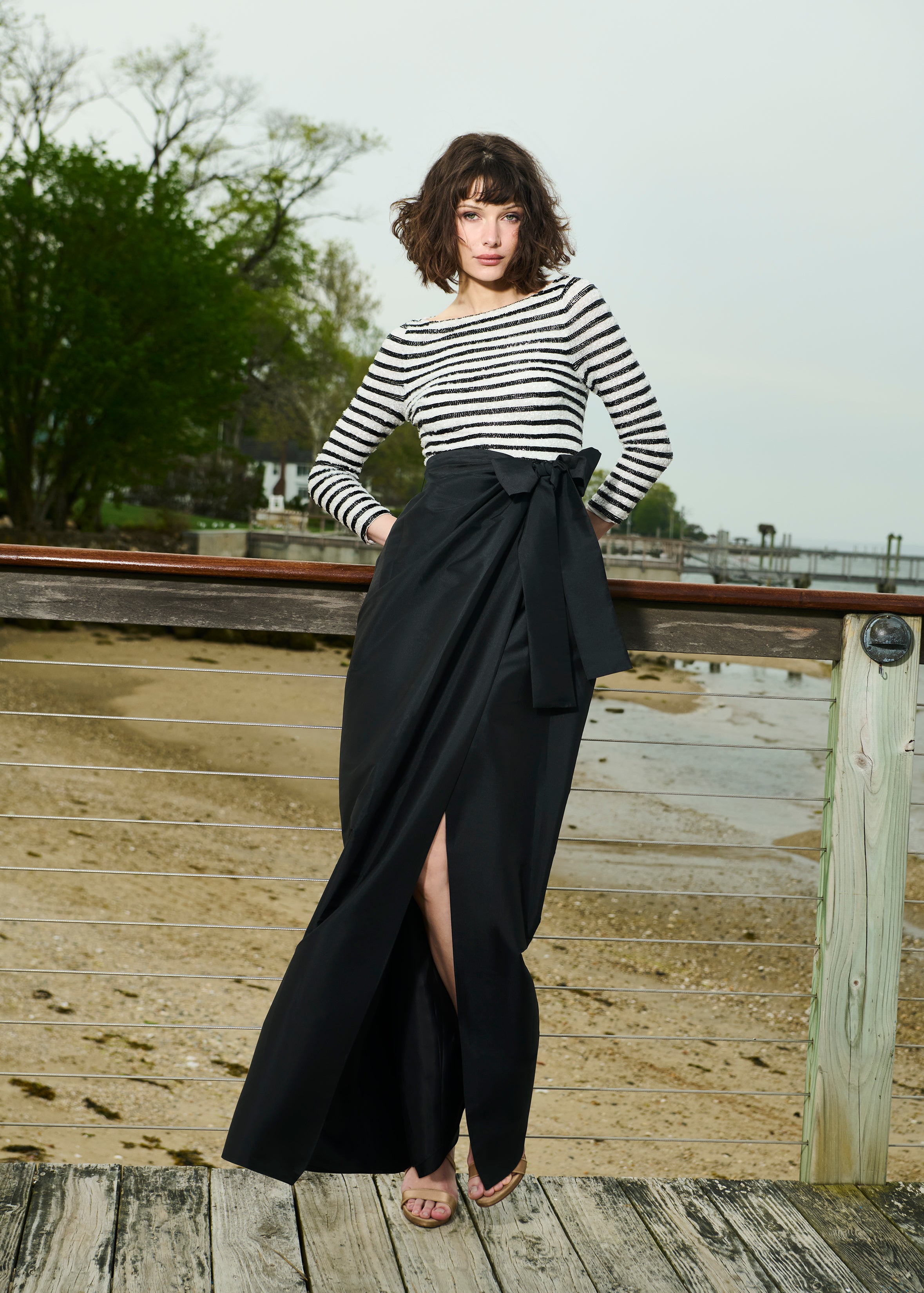 BEADED STRIPED GOWN WITH TAFFETA SKIRT