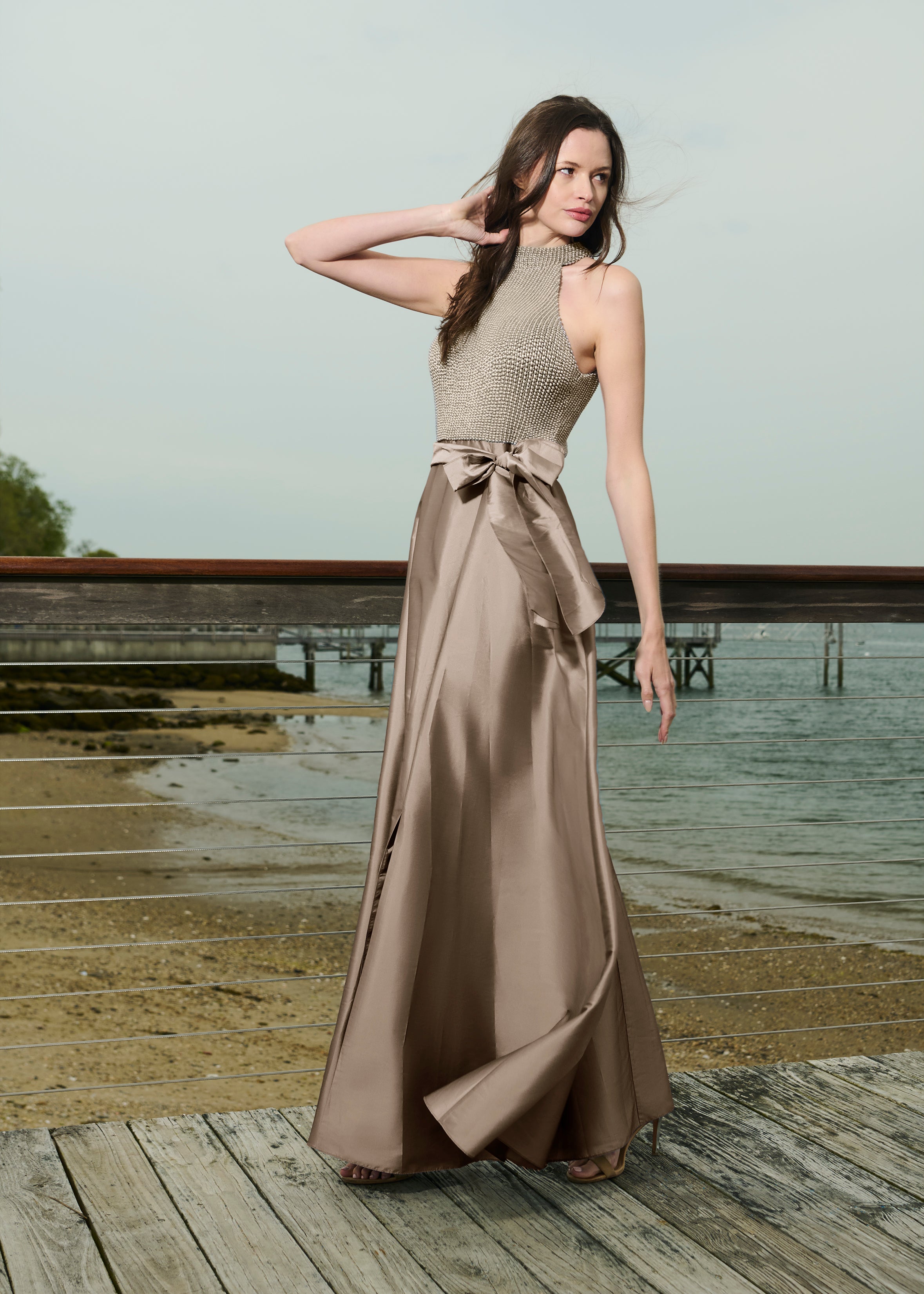 PEARL MOCK NECK TAFFETA GOWN SILVER-SUNTAN