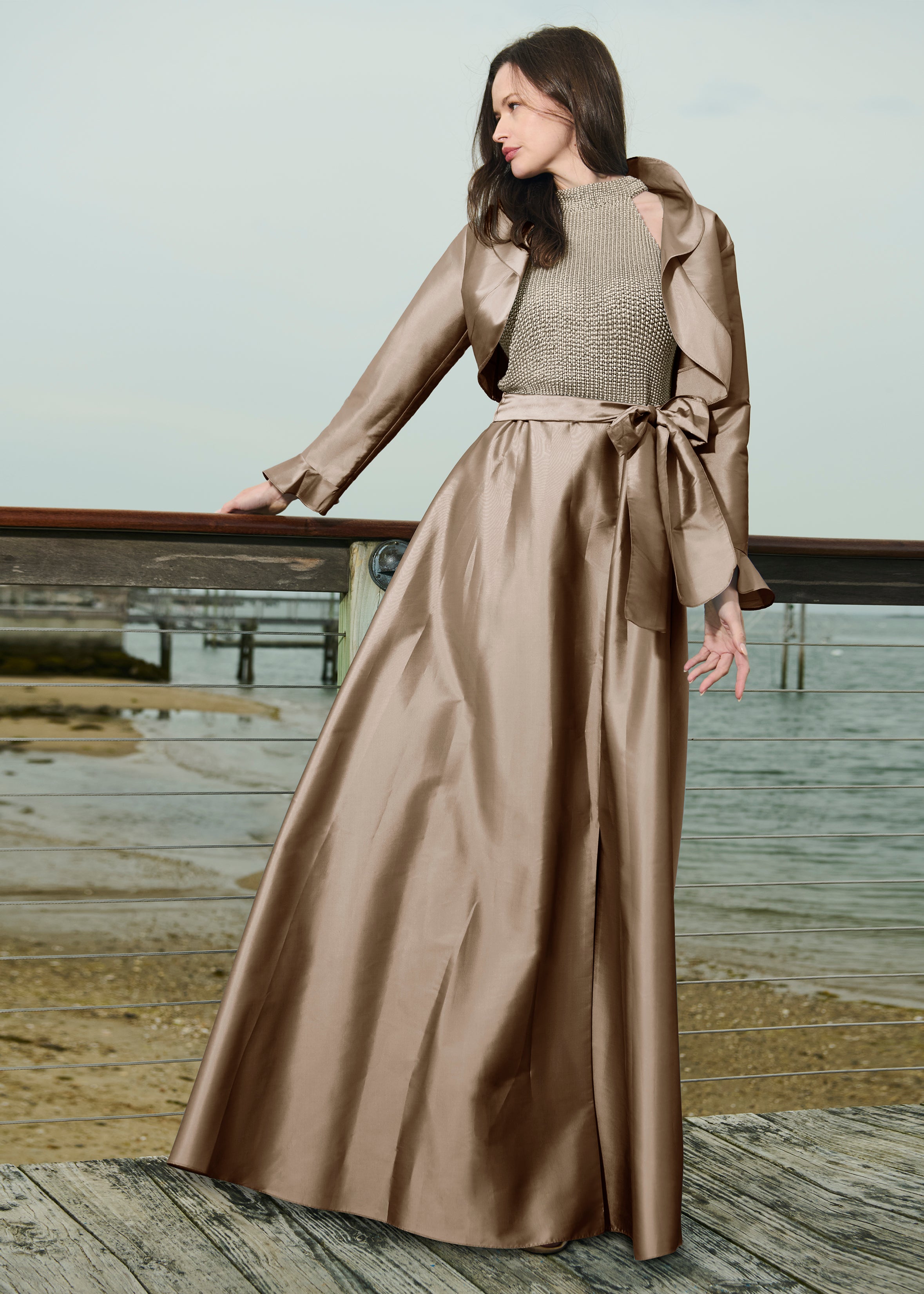 PEARL MOCK NECK TAFFETA GOWN SILVER-SUNTAN