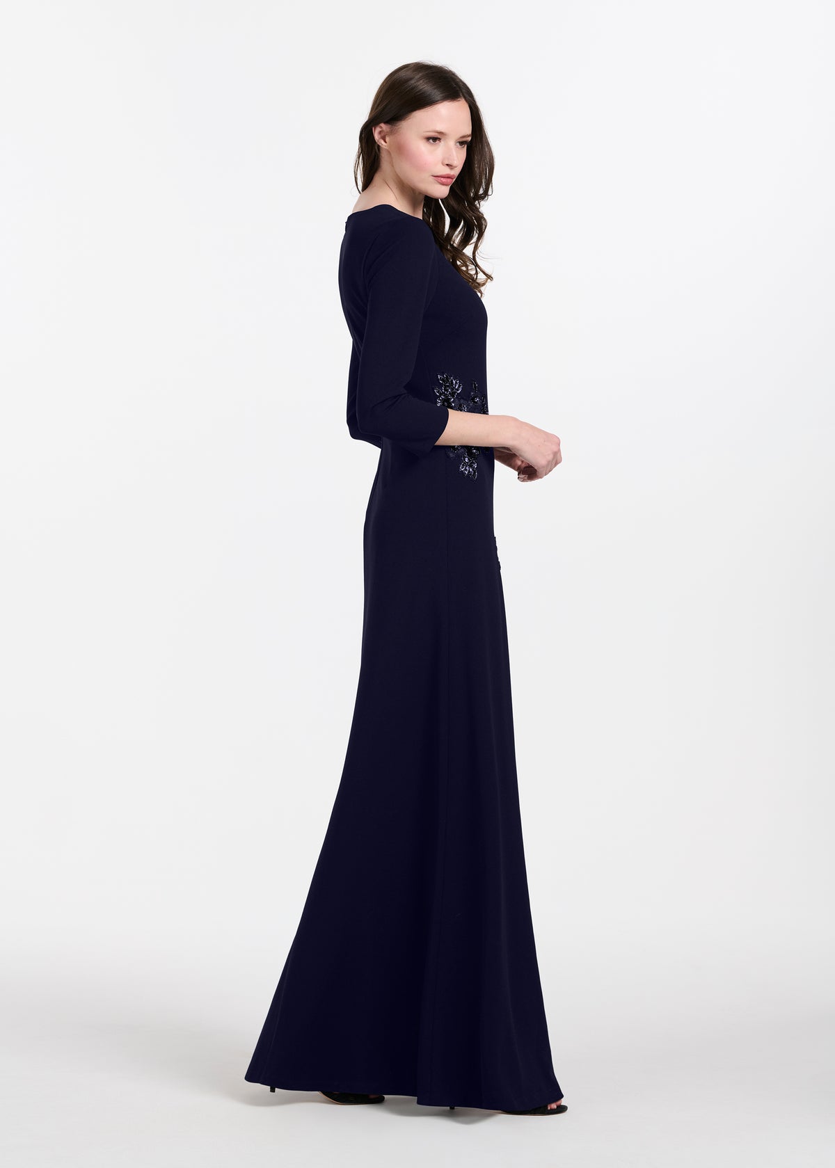 Stretch Crepe Gown With Lace Flower Applique Navy