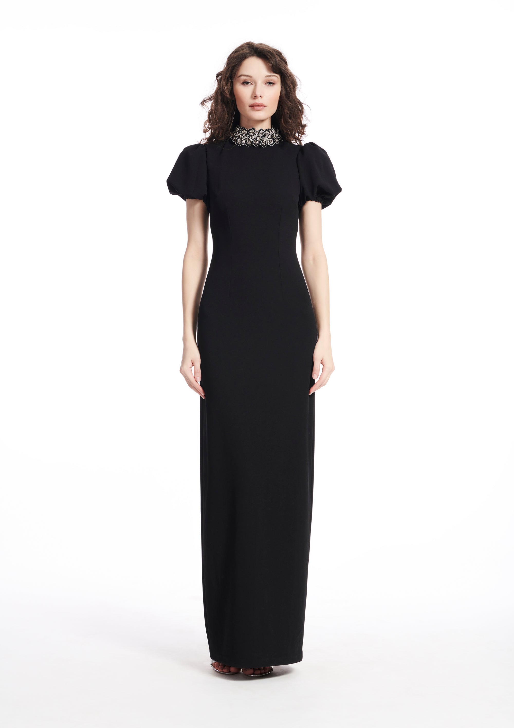 PUFF SLEEVE CREPE GOWN WITH FLOWER APPLIQUE