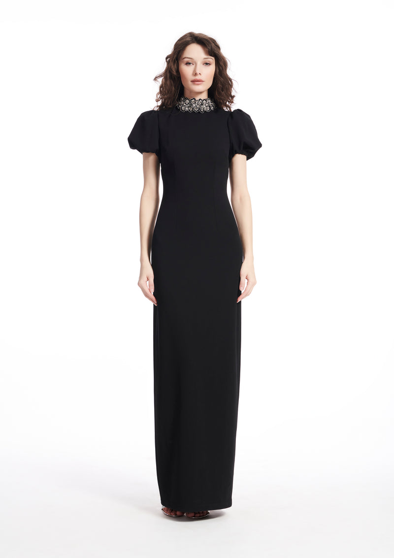 PUFF SLEEVE CREPE GOWN WITH FLOWER APPLIQUE