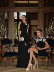 CREPE GOWN WITH APPLIQUE FLOWERS BLACK/ IVORY