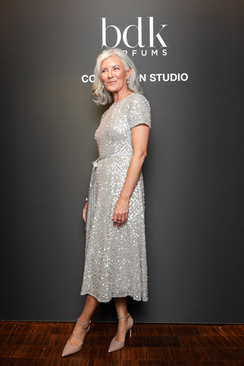 TRANSLUCENT ENCRUSTED SEQUIN DRESS LIGHT BLUE