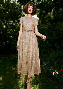 TRANSLUCENT ENCRUSTED SEQUIN DRESS SUNTAN