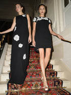 CREPE GOWN WITH APPLIQUE FLOWERS BLACK/ IVORY