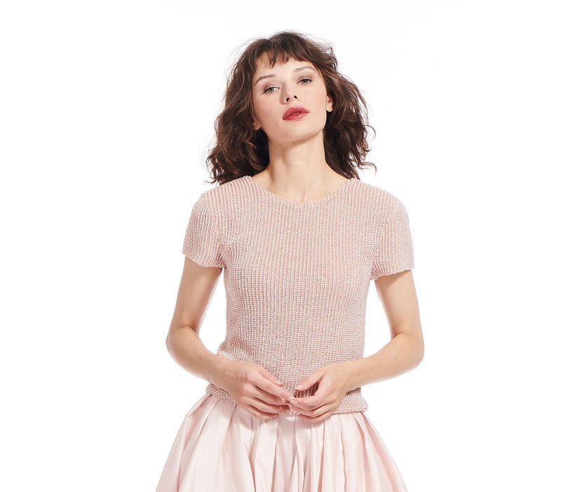 PEARL ENCRUSTED SHORT SLEEVE TEE - BLUSH