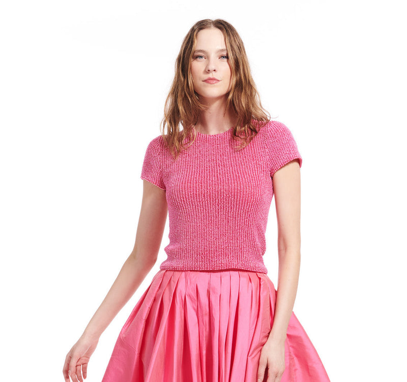 PEARL ENCRUSTED SHORT SLEEVE TEE - FLAMINGO