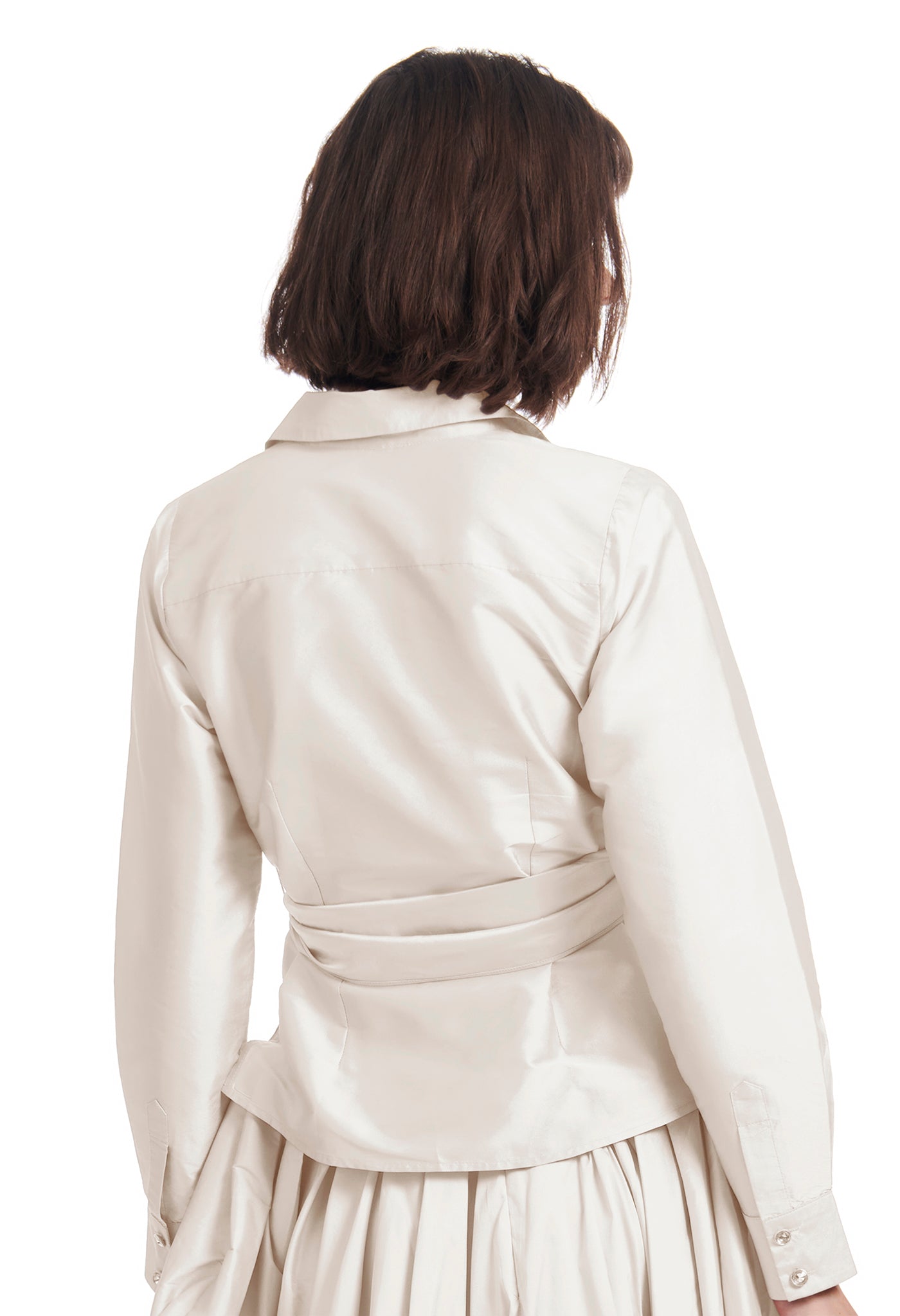 TAFFETA BLOUSE WITH CRYSTAL BOW BUTTONS AND SASH IVORY