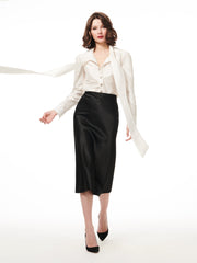 STRETCH SATIN MIDI A-LINE BIAS SKIRT - BLACK