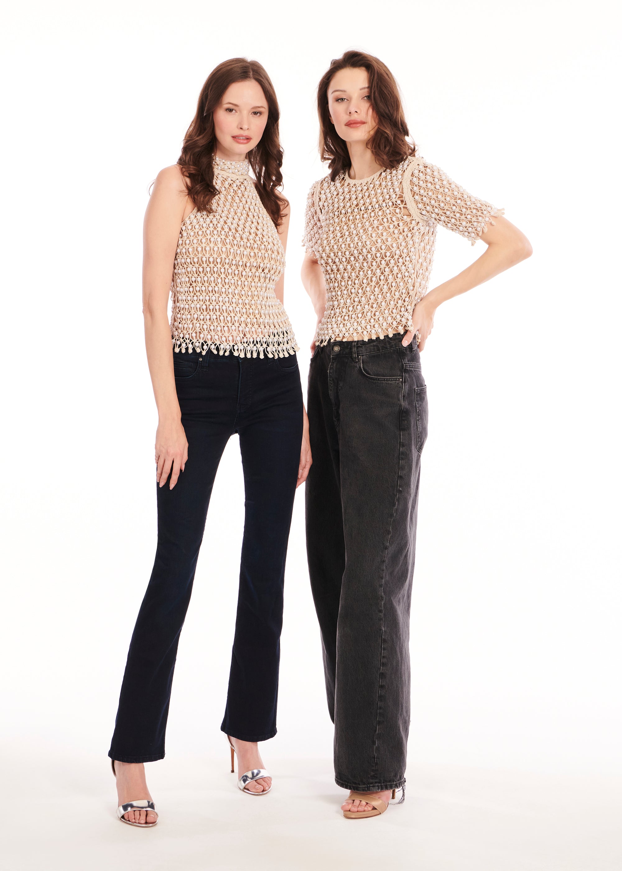 PEARL MACRAME MOCK NECK TOP