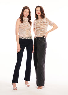 PEARL MACRAME MOCK NECK TOP