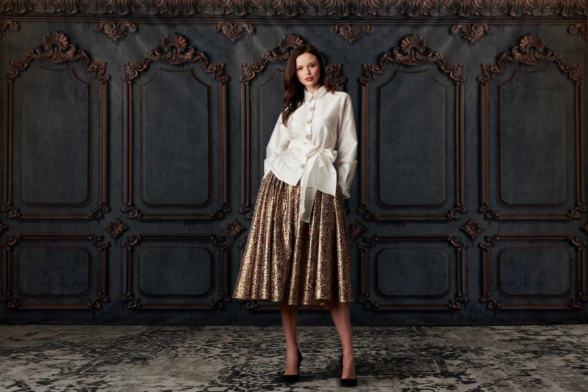 TAFFETA BLOUSE WITH RENAISSANCE PEARL BUTTONS NAVY
