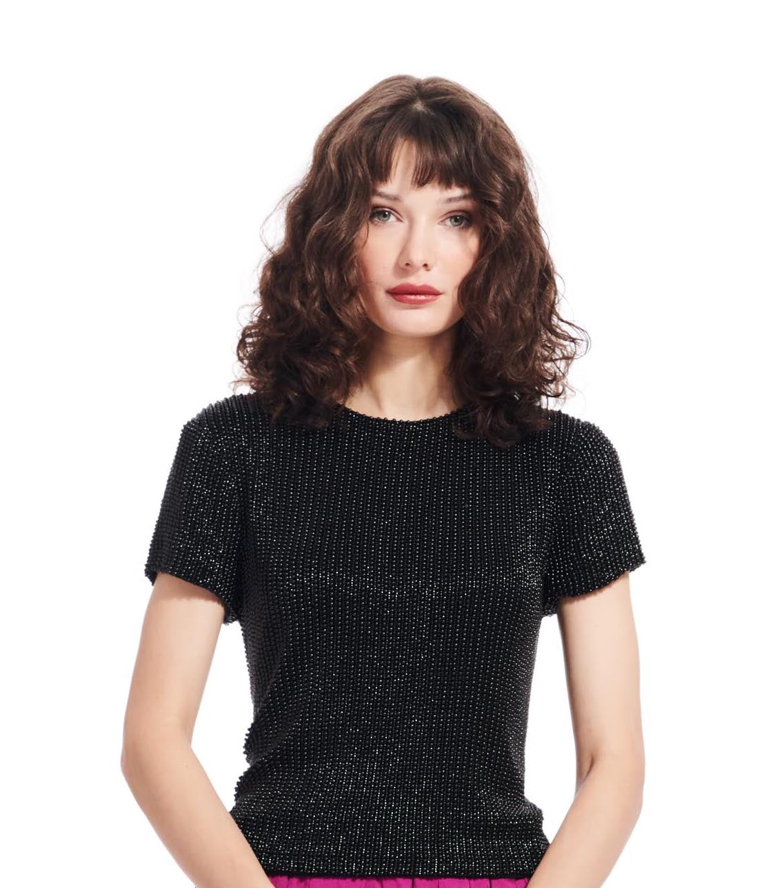 PEARL ENCRUSTED SHORT SLEEVE TEE CHAMPAGNE