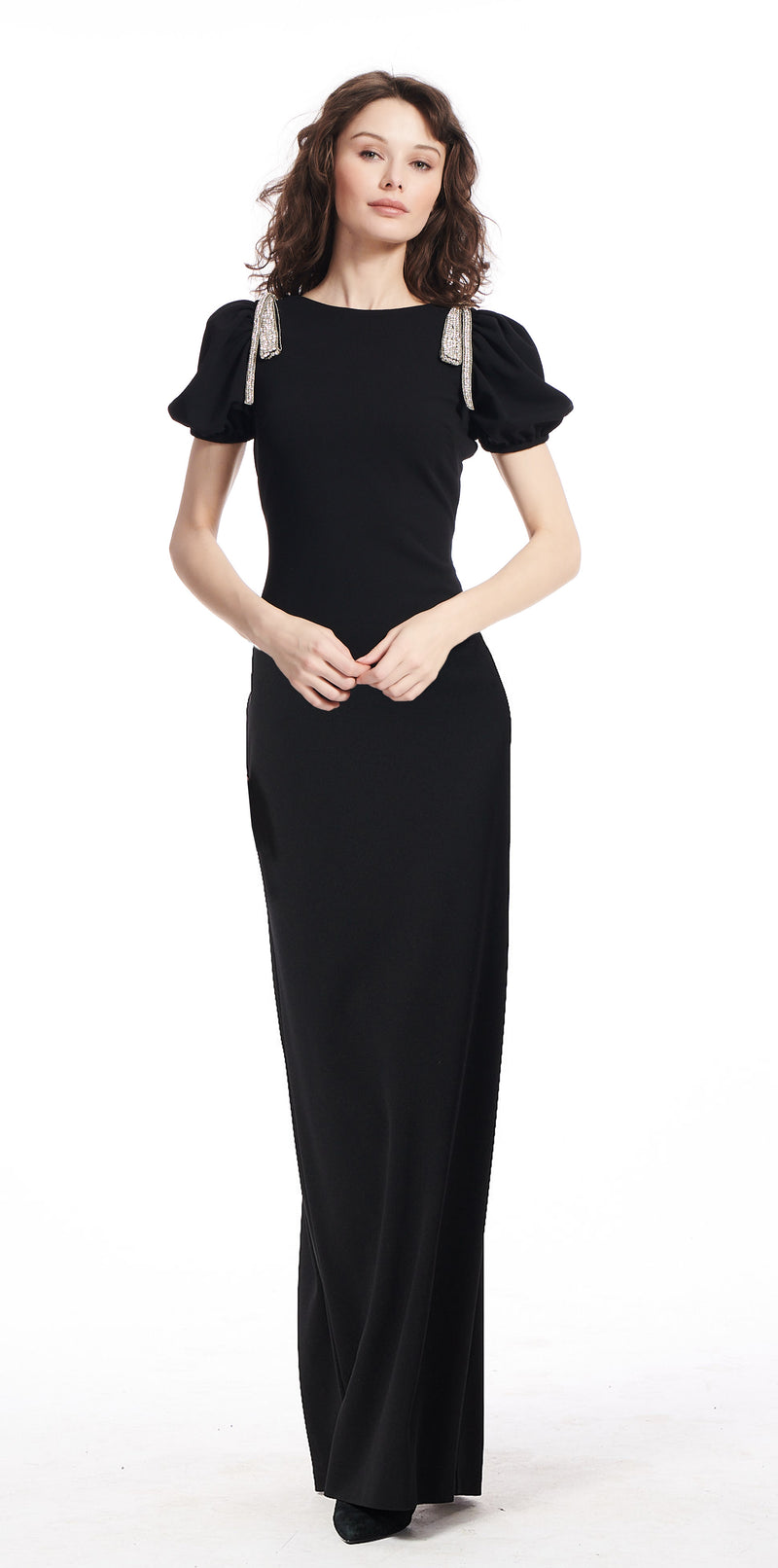 Crystal Bow Shoulder Stretch Crepe Column Gown