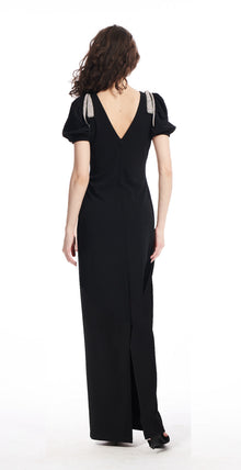 Crystal Bow Shoulder Stretch Crepe Column Gown