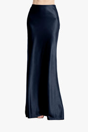 STRETCH SATIN BIAS LONG A-LINE SKIRT NAVY