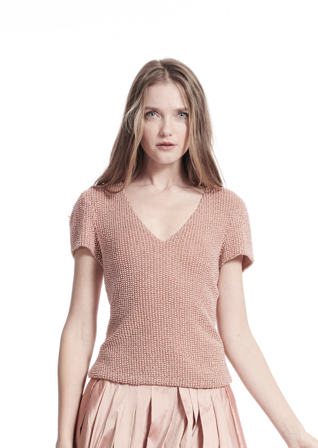 STRETCH PEARL BEADED V-NECK TOP BLUSH