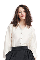 TAFFETA BLOUSE WITH CRYSTAL BOW BUTTONS AND SASH IVORY