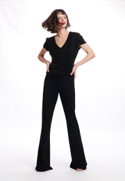 STRETCH PEARL BEADED V-NECK TOP BLACK