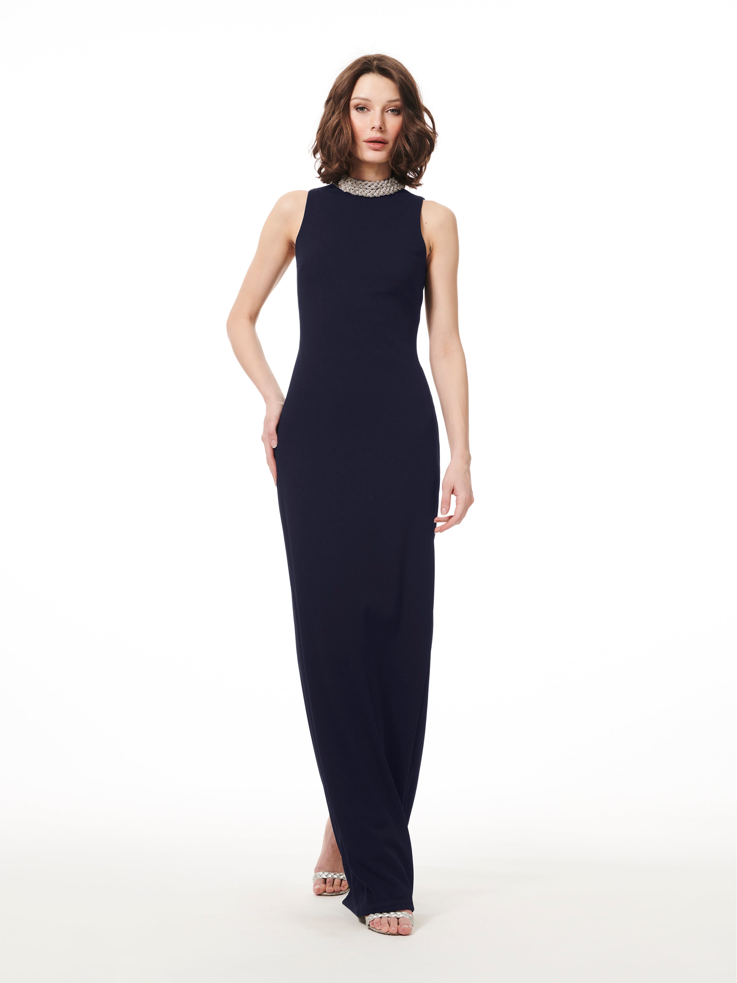 BRAIDED NECK STRETCH CREPE GOWN BLACK