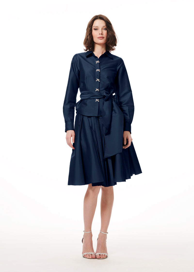 TAFFETA BLOUSE WITH CRYSTAL BOW BUTTONS AND SASH NAVY