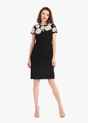 CREPE FLORAL APPLIQUE MINI A-LINE DRESS BLACK/IVORY