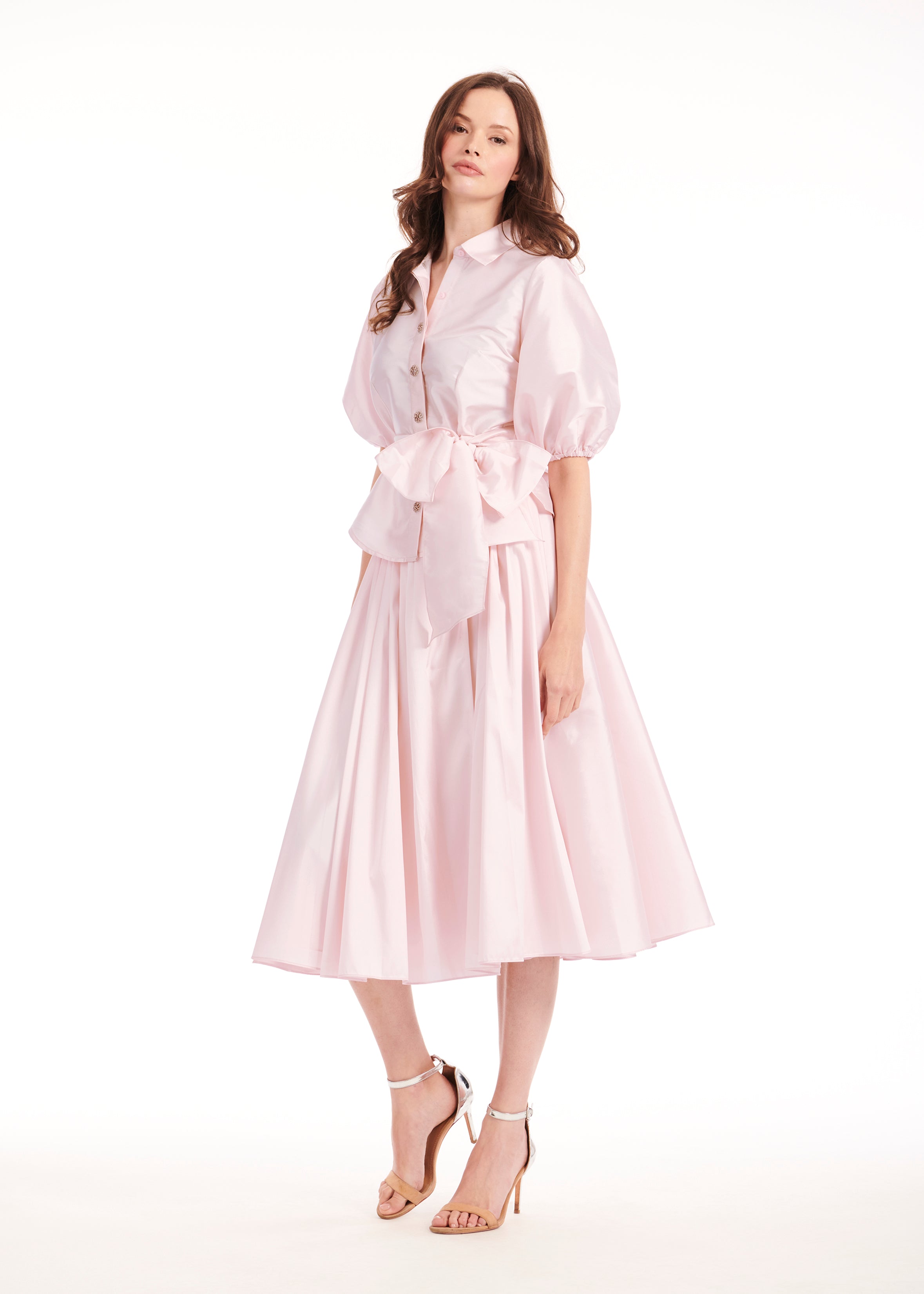 TAFFETA PUFF SLEEVE BLOUSE WITH CRYSTAL FLOWER BUTTONS BLUSH