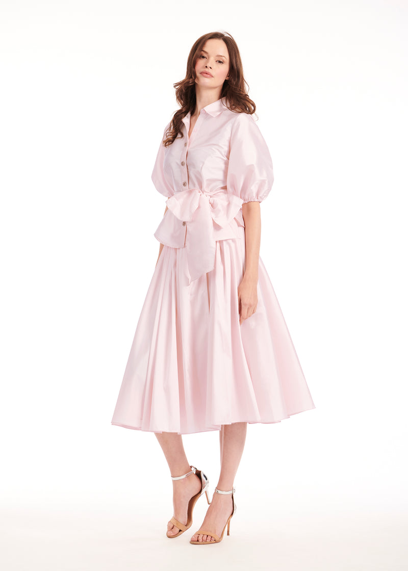 TEA LENGTH PLEATED SOFT TAFFETA MIDI SKIRT BLUSH