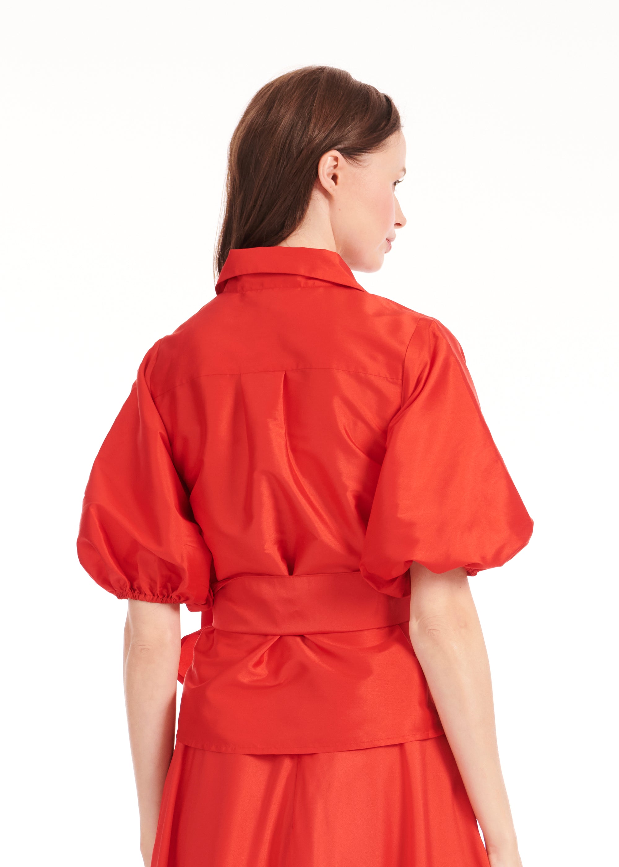 TAFFETA PUFF SLEEVE BLOUSE WITH CRYSTAL FLOWER BUTTONS TOMATO