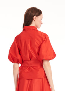 TAFFETA PUFF SLEEVE BLOUSE WITH CRYSTAL FLOWER BUTTONS TOMATO