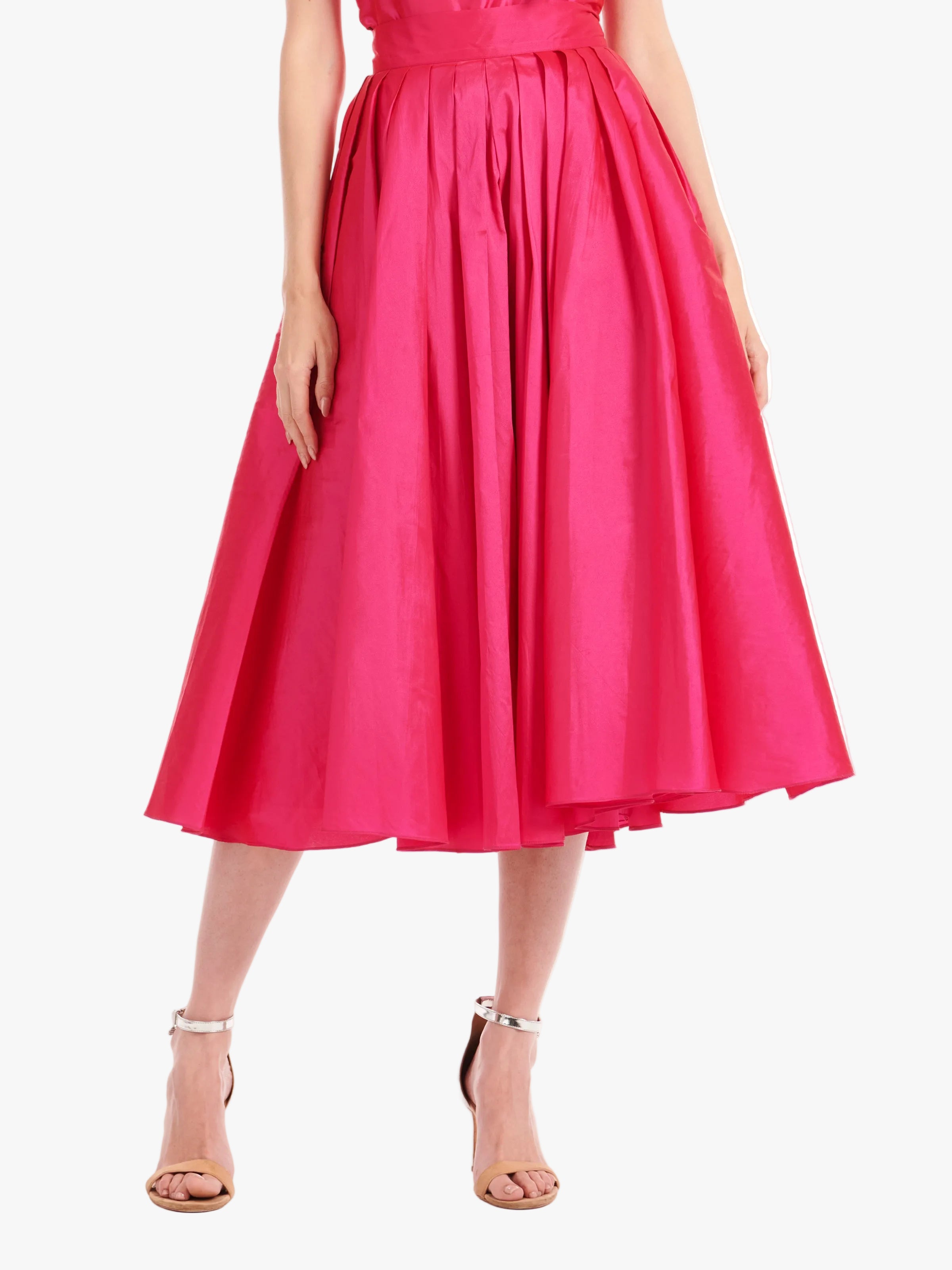 TEA LENGTH PLEATED SOFT TAFFETA MIDI SKIRT WATERMELON