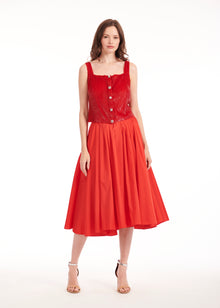 TEA LENGTH PLEATED SOFT TAFFETA MIDI SKIRT TOMATO