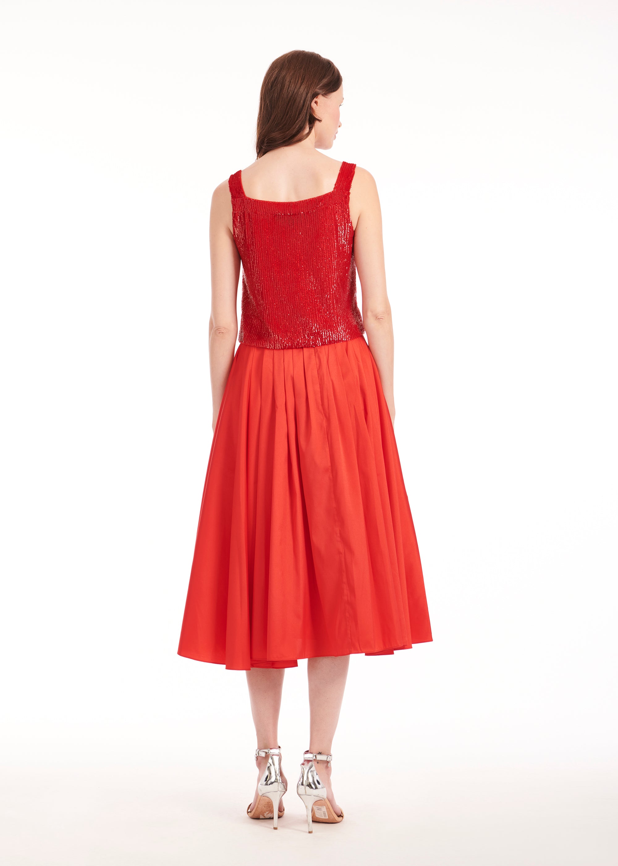 TEA LENGTH PLEATED SOFT TAFFETA MIDI SKIRT TOMATO