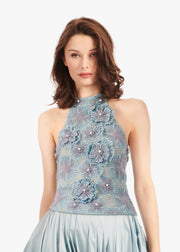 PEARL FLOWER MOCK NECK TOP LIGHT BLUE