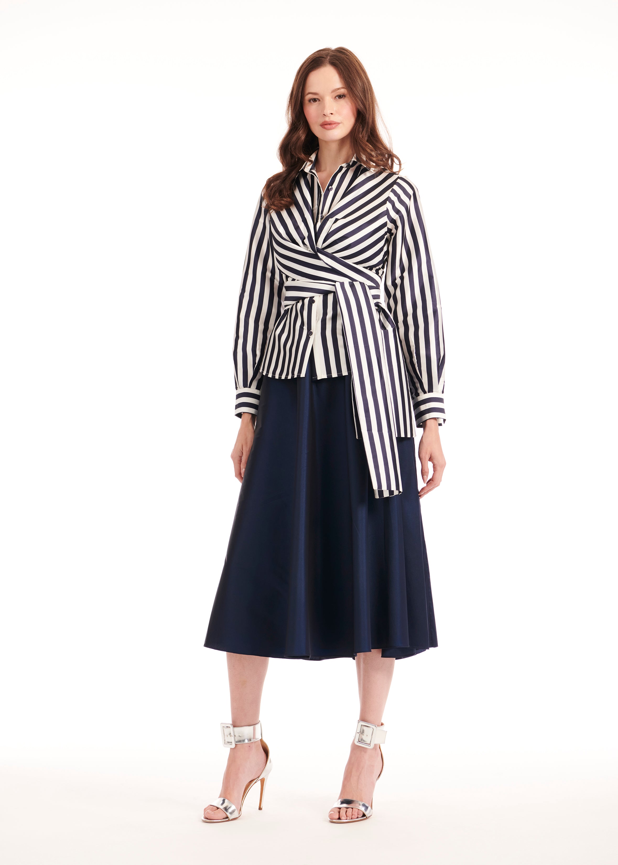 STRIPED TAFFETA DOUBLE WRAP SHIRT NAVY