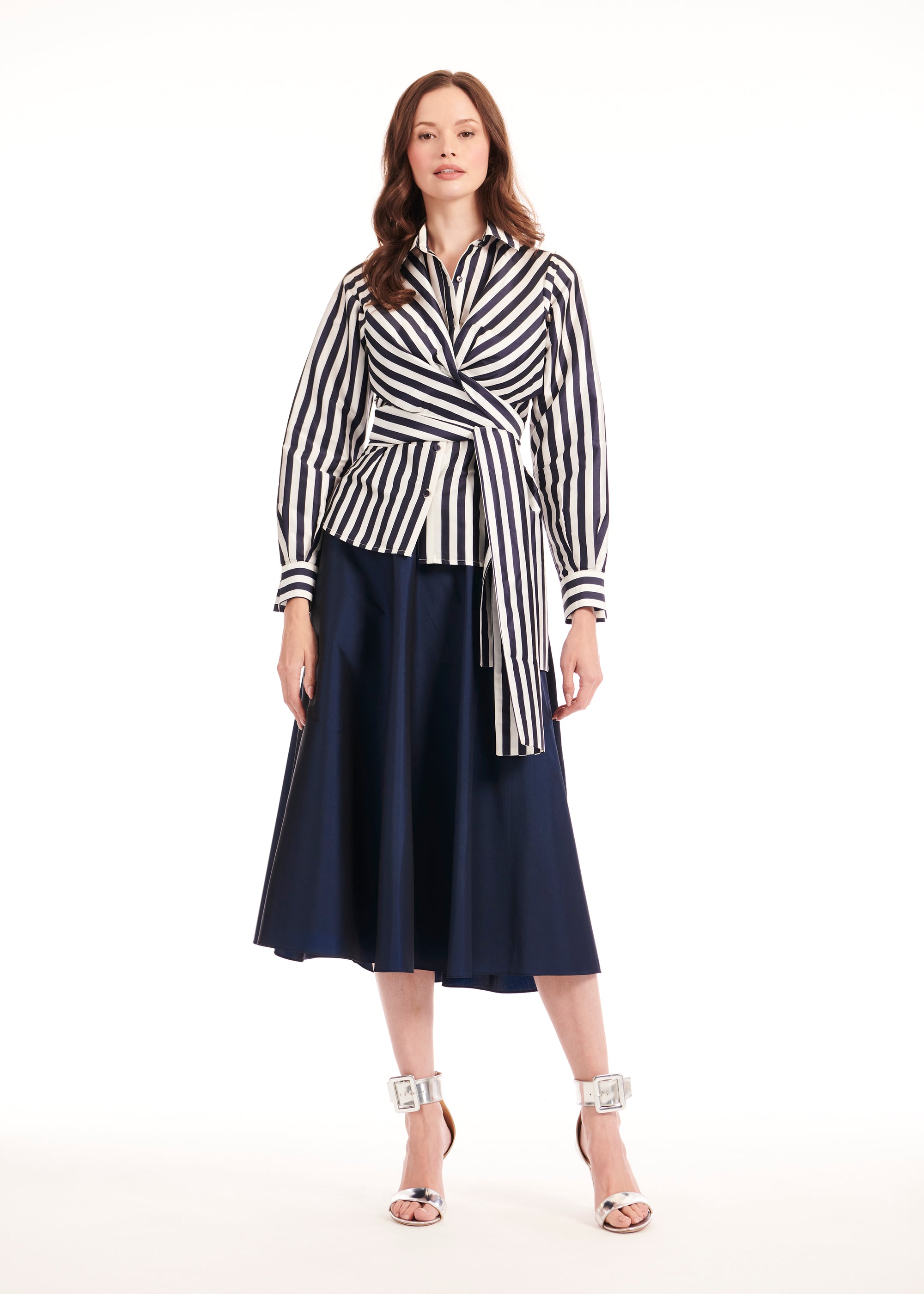 STRIPED TAFFETA DOUBLE WRAP SHIRT NAVY